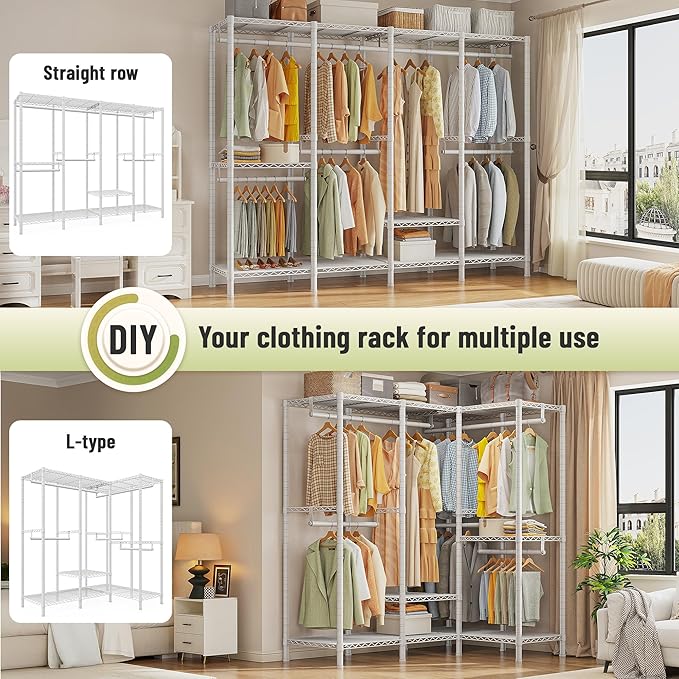 Raybee Clothing Racks for Hanging Clothes,Heavy Duty Clothes Rack with Shelves,Portable Closet Adjustable,76" W x 77" H x 18" D,Max Load 1150lbs,White
