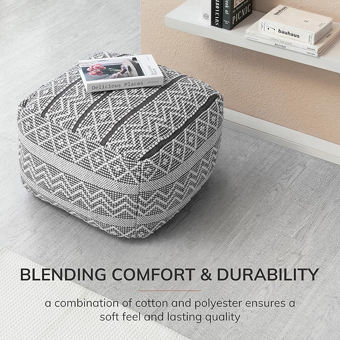 Anji Mountain 100% Handmade & Handcrafted Comfortable Home Décor Pouf Ottoman Footrest for Living Room, Bedroom, Nursery, Kidsroom, Patio Furniture - (22" x 22" x 16"- Gray,Ivory)