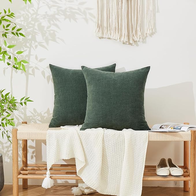 GAWAMAY Decorative Chenille Throw Pillow Covers 26"x26" Inch Pack of 2, Soft Square Couch Pillow Cover for Sofa Cushion Living Room Bedroom Solid Oversized Pillowcases Dark Green 66x66cm (NO Insets)