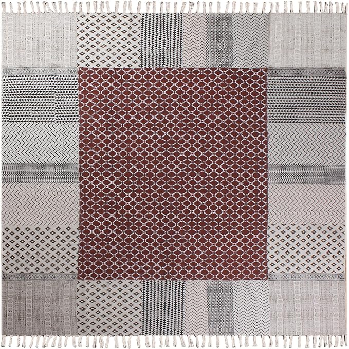 Area Rug 3' Square Rug Brown & Beige Cotton Dhurrie Geometric Design 0.19 inches Stone Easy Washable Rug Hand Wash Cotton Carpet Flatweave Rug Indoor Outdoor Rugs for Kitchen, Bedside, Enterway
