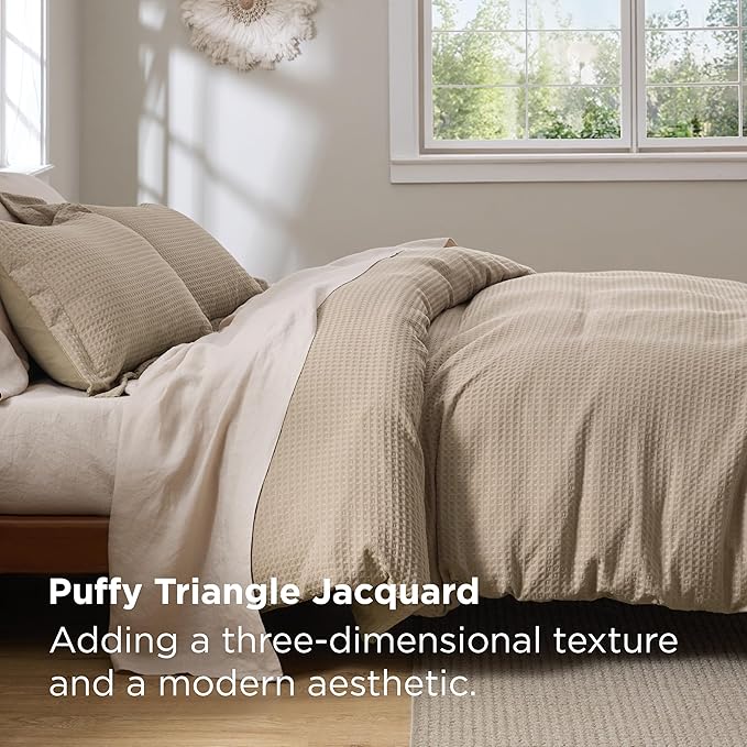 Bedsure Luxury Waffle Duvet Cover Queen Size - Textured Duvet Cover Set, Soft, Breathable Bedding Set (90"x90") with 2 Pillow Shams for All Season, Khaki, Comforter Not Included