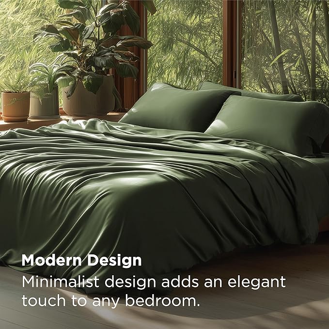 Bedsure 100% Rayon Derived from Bamboo Duvet Cover Queen Size - Lightweight Silky Cooling Comforter Cover Set for Hot Sleepers, Breathable & Moisture-Wicking Bedding Set, Olive Green