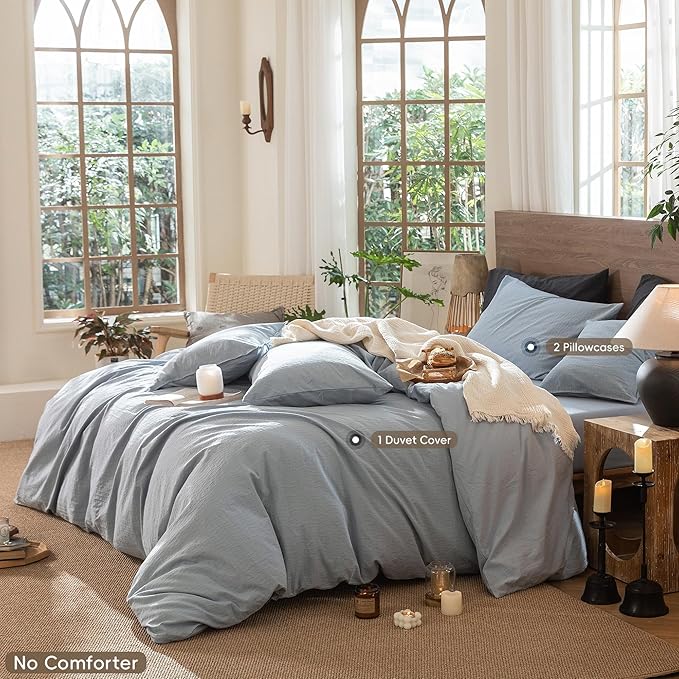 MooMee Wavy Striped Duvet Cover Set 100% Washed Cotton Linen Like Textured Breathable Durable Soft Comfy (Cornflower Blue, Super King 108"x98")