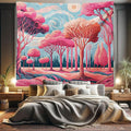 Ambesonne Trees Tapestry King Size, Surreal Post-Impressionism Themed Woodland of Dreamy Sky and Tree Pattern, Wall Hanging Bedspread Bed Cover Wall Decor, 104" X 88", Pink Coral Blue Grey