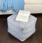 Chardin home UNSTUFFED Ottoman, Cozy & Bohemian Pouf Covers, Hand Crafted Casual Seating, Footrest, Square Floor Pillow for Home, Office, Bedroom, Living Room, 16.5" x 16.5"x 12.9", Blue-Off White
