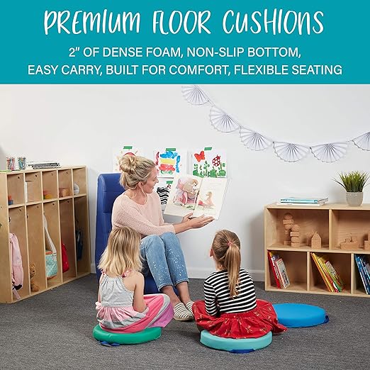SoftScape Classpack 15 inch Round Floor Cushions with Handles; Flexible Seating for Daycare, Preschool, Classroom, Library and More; 2 inch Thick Deluxe Foam (24-Piece) - Contemporary, 13773-CT