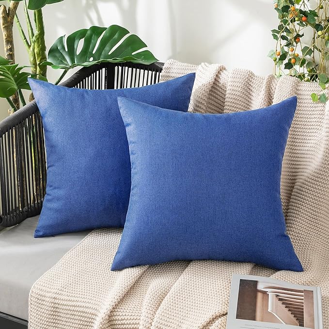 MIULEE Pack of 2 Decorative Outdoor Solid Waterproof Throw Pillow Covers Faux Linen Garden Farmhouse Coastal Cushion Cases for Summer Patio Tent Balcony Couch Sofa 18x18 Inch Royal Blue