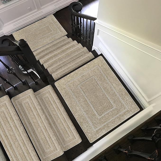 PURE ERA Bullnose Carpet Stair Treads Set Tape Free Non-Slip Indoor Stair Protectors Pet Friendly Rugs 9.5" x 30"(2 Pieces,Cream Gray Rectangular)