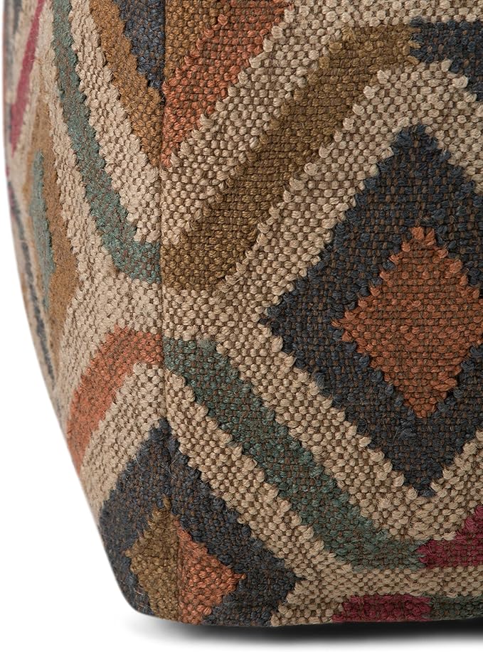 SIMPLIHOME Johanna Square Pouf - 20 inch Wide Upholstered Cotton and Jute Kilim Ottoman in Multi-Color, Boho Footstool or Extra Seating for Living Room with Polystyrene Bead Filling, Assembled