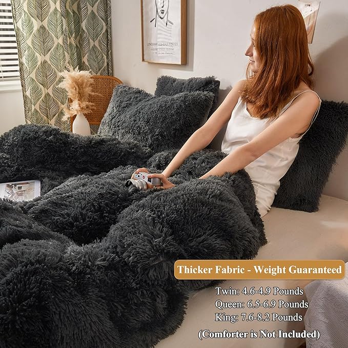 XeGe Plush Shaggy Duvet Cover Set, Luxury Ultra Soft Crystal Velvet Fluffy Bedding Set 2 Pieces(1 Faux Fur Furry Comforter Cover + 1 Fuzzy Faux Fur Pillowcase), Zipper Closure(Twin, Dark Gray)