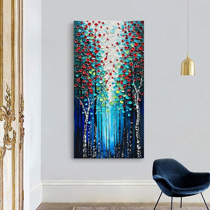 Forest Landscape Hand Painted Art Oil Painting Dark Blue Large Vertical Canvas Wall Art 46×23 Inch Oil Painting Home Wall Decoration Art