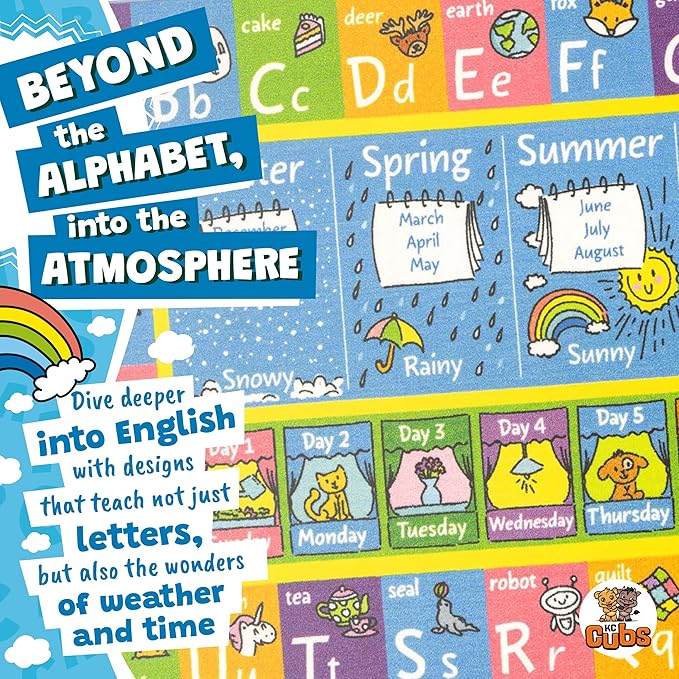 KC Cubs 8x10 ABC Alphabet, Seasons, Months & Days Rug – Educational Play Mat Carpet for Kids, Toddlers, Nursery, Classroom, Playroom, Baby Daycare