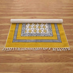 Flatweave Kilim Runner 2.6x4 Cotton Runner Floral Design Yellow Beige Hand Block Printed Cotton Rug Thick 0.19" Handmade Boho Indoor Outdoor Rugs for Kitchen Bedside Enterway Idea