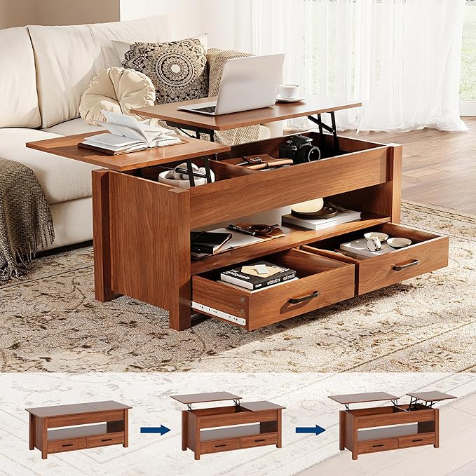 IDEALHOUSE 47.2" Coffee Table with Storage, Multi-Function Lift Top Coffee Table with Wooden Lift Tabletop, 2 Drawers and Hidden Compartment, Central Table for Living Room Home Office, Brown