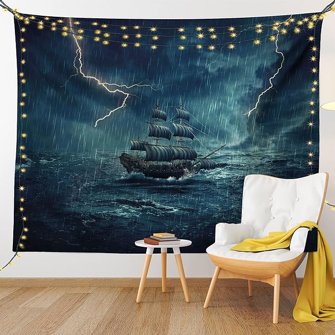Ambesonne Landscape Tapestry, Stormy and Rainy Weather Waves Vintage Ship Sailing Oil Paint, Fabric Wall Hanging Decor for Bedroom Living Room Dorm, 30" X 45", Dark Cadet Blue White