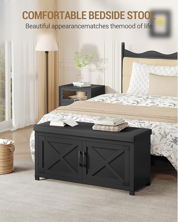 Shoe Storage Bench, 2 Tier Shoe Bench with Padded Seat Cushion & 2 Barn Doors, Entryway Bench with Adjustable Shelf, Farmhouse Shoe Cabinet for Living Room, Bedroom, Black SB26606BK