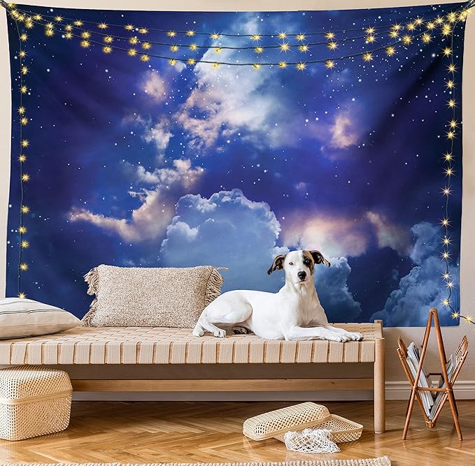 Ambesonne Space Tapestry Twin Size, Magic Sky View with Star and Clouds Celestial Colorful World Cosmic Expanse Theme, Wall Hanging Bedspread Bed Cover Wall Decor, 68" X 88", White and Blue