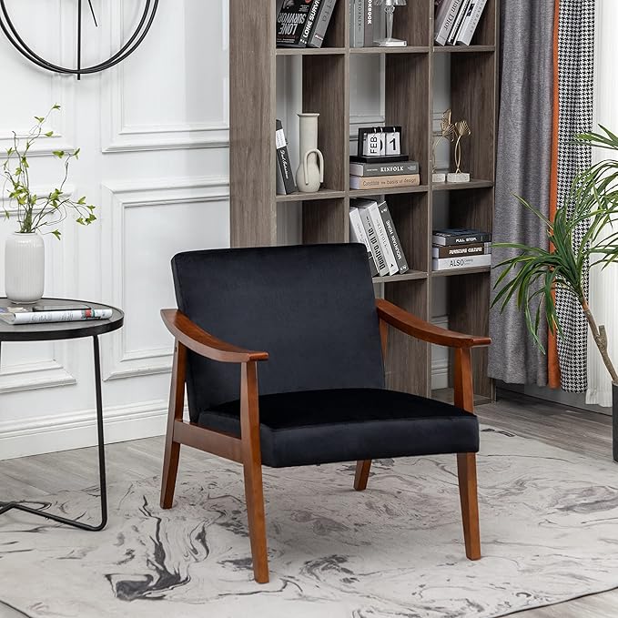 Accent Chair with Velvet Upholstery and Solid Wood Frame, Classic Mid-Century Modern Living Room Furniture for Extra Seating, Black
