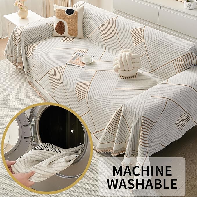 HAOMAIJIA Non Slip Couch Cover Sofa Covers for 3 Cushion Couch Washable sectional Couch Covers for Dogs pet Furniture Protector Couch Cover Blanket for Living Room (CQ-Khaki/Grey, 71"x118")