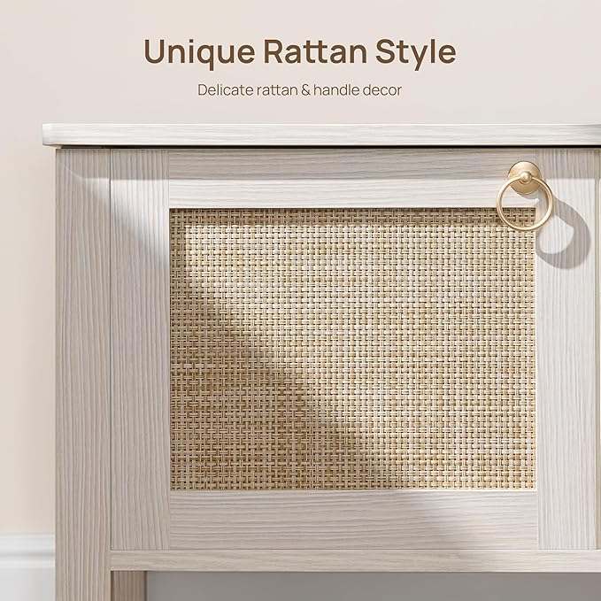 SICOTAS Rattan Shoe Rack Bench with Lift Top Storage: White Farmhouse Boho Shoe Cabinet Entryway Bench with Safety Hinges, Wooden Storage Chest for Bedroom, Entryway, Hallway, Living Room