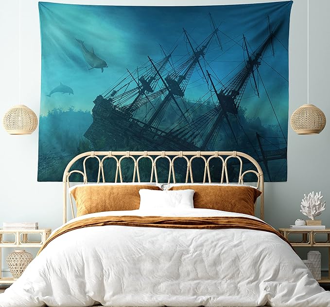 Ambesonne Nautical Tapestry, Dolphins Ruined Wreckage Underwater Sunken Ship Mystery Treasure, Fabric Wall Hanging Decor for Bedroom Living Room Dorm, 28" X 23", Blue Teal