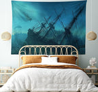 Ambesonne Nautical Tapestry, Dolphins Ruined Wreckage Underwater Sunken Ship Mystery Treasure, Fabric Wall Hanging Decor for Bedroom Living Room Dorm, 45" X 30", Blue Teal