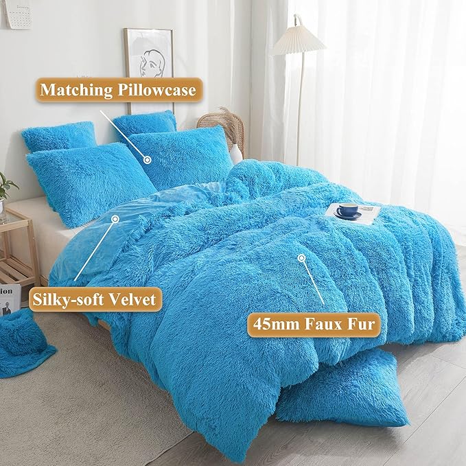 XeGe Plush Shaggy Duvet Cover Set, Luxury Ultra Soft Fluffy Faux Fur Bedding Sets 2 Pieces Velvet(1 Fuzzy Furry Comforter Cover + 1 Faux Fur Pillow Case), Zipper Closure (Twin, Blue)