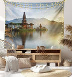 Ambesonne Balinese Tapestry King Size, Pura Ulun Danu Building Panorama Sunrise on Lake Bratan Bali Indonesia Waterscape, Wall Hanging Bedspread Bed Cover Wall Decor, 104" X 88", Beige Brown