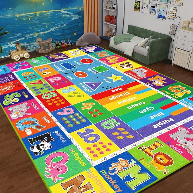 ABC Carpet, Kids Rugs for Playroom, Educational Play Mat for Kids, Preschool Rugs with ABC, Numbers, Animals Learning Carpet for Bedroom Playroom Classroom Baby Toddler Children (Blue, 118X78.7 INCH)