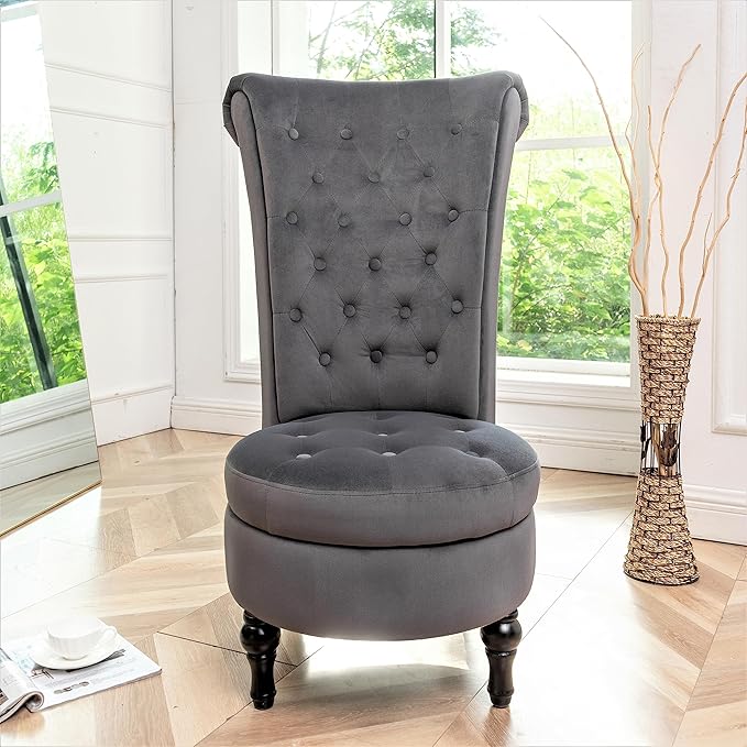 Royal High-Back Velvet Accent Chair for Vanity with Storage and Luxurious Upholstery, Retro Design and Versatile Usage for Livingroom, Bedroom, Lounge and Office, Grey