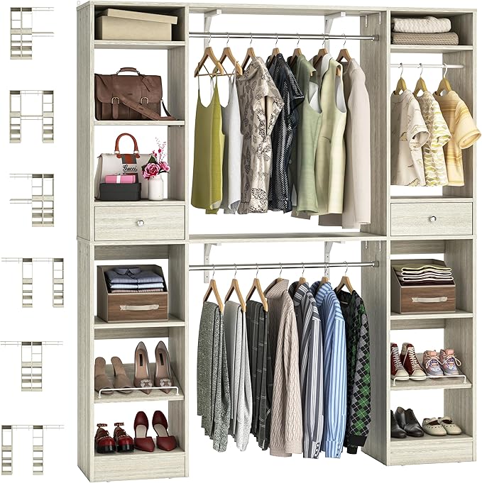 Unikito 58" W - 90" W Closet System, Large Walk in Closet Organizer with 3 Hanging Rods and Shelves, Heavy Duty Wood Closet Wardrobe with 2 Drawers and Shoe Rack, Reversible Clothing Rack, White Oak