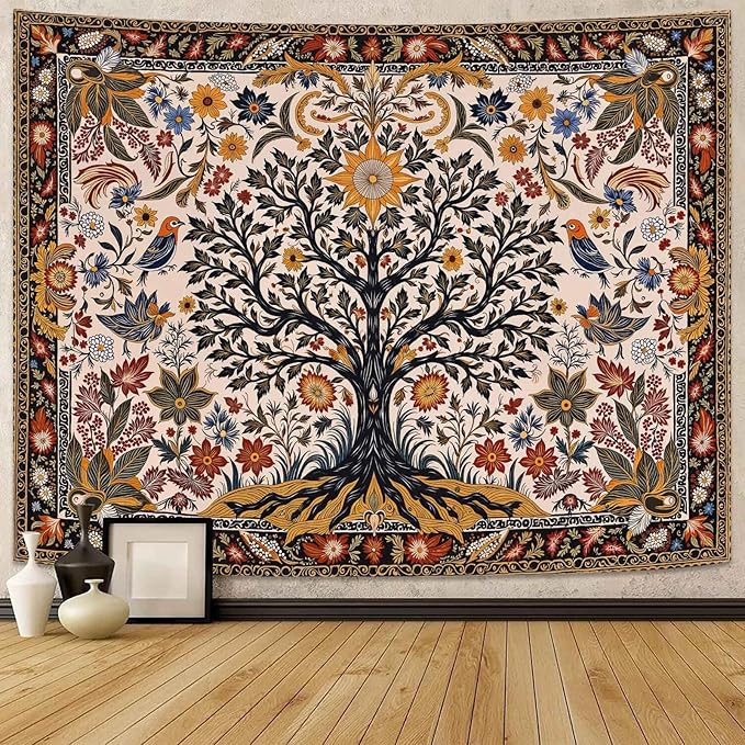 Lunerfex Folk Art Wall Tapestry - Tree of Life with Sun and Bird Wall Hanging for Bedroom and Living Room - Boho Floral Tapestries 60"x44"