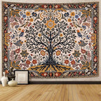 Lunerfex Folk Art Wall Tapestry - Tree of Life with Sun and Bird Wall Hanging for Bedroom and Living Room - Boho Floral Tapestries 60"x44"