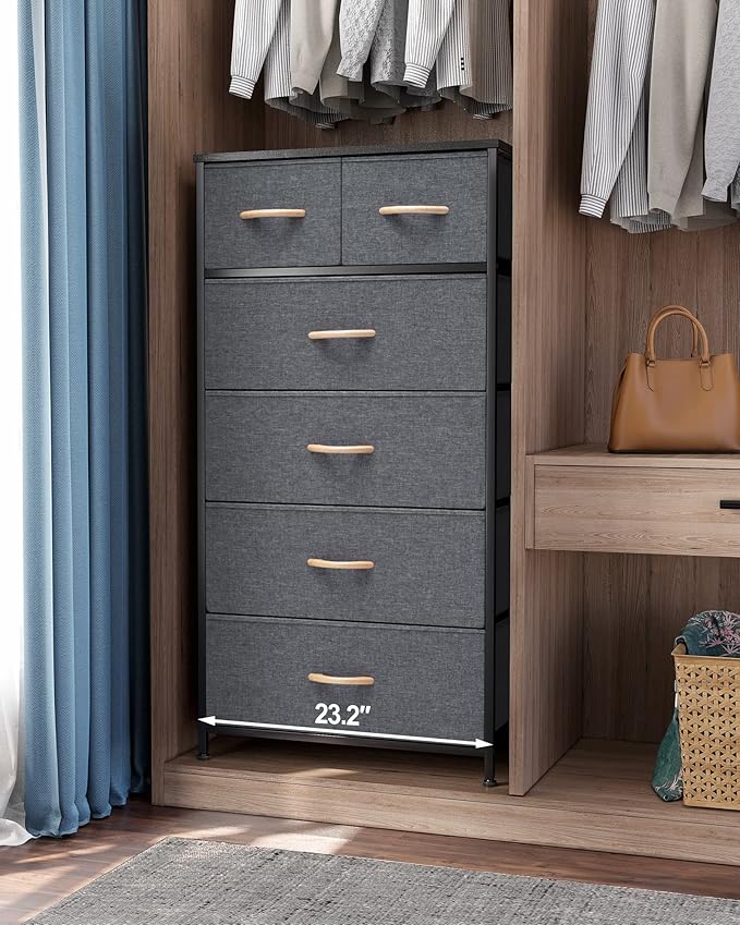 Crestlive Products Vertical Dresser Storage Tower - Sturdy Steel Frame, Wood Top, Easy Pull Fabric Bins, Wood Handles - Organizer Unit for Bedroom, Hallway, Entryway, Closets - 6 Drawers (Gray)