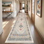 Runner Rug 2x10, Ultra-Thin Kitchen Rugs Non Slip Washable Rugs for Entryway Rug, Kitchen Runner Low Pile Vintage Soft Carpets for Living Room, Bathroom Bedroom (Blue/Red/Multi,2'x10')