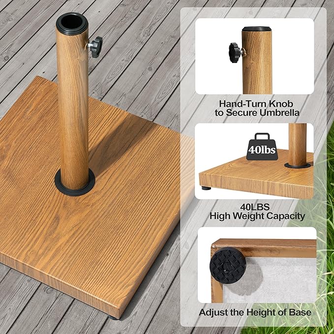 Patio Umbrella Base, 43lbs Outdoor Heavy Duty Square Concrete Stand, Fits 6-12ft Fringe Market Umbrella, Teak Brown