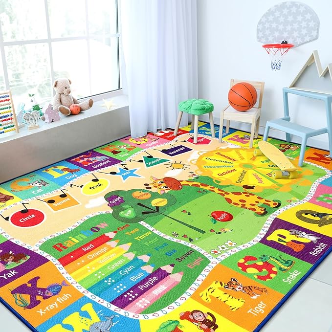 Chicrug Educational 4x6 Kids Area Rug for Playroom, TPR Non Slip Kids Classroom Carpet Rug for Learning ABC Animal Shape Color Fruit, Washable Play Mat Rug for Children Nursery Toddler Room Decor