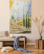 Ambesonne Italian Tapestry Twin Size, Van Gogh Style Italy Valley Rural Fields European Scenery Painting Print, Wall Hanging Bedspread Bed Cover Wall Decor, 68" X 88", Tan Blue Green