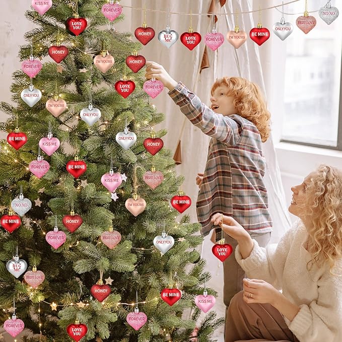 50Pcs Valentine's Day Heart Shaped Ornaments with Sweet Love Words, 10 Styles Valentine Heart Ornaments for Tree, Red Pink Glitter Shaped Valentine's Hanging Decorations for Wedding Anniversary