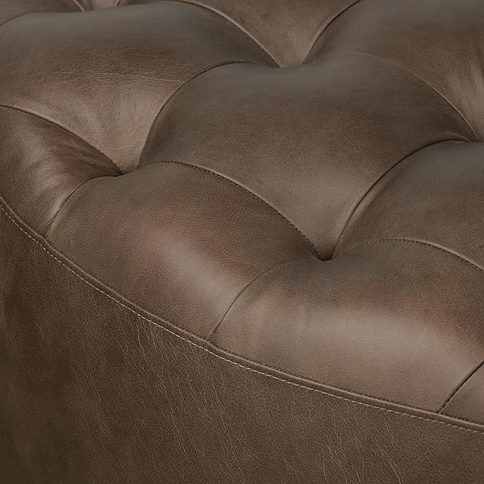 Poly & BARK Ascot Ottoman – 40" Round Pouf with Feather-Down Topper – Full-Grain Leather Upholstered Pouf Ottoman for Living Room – Vintage Italian Leather in Cocoa Brown