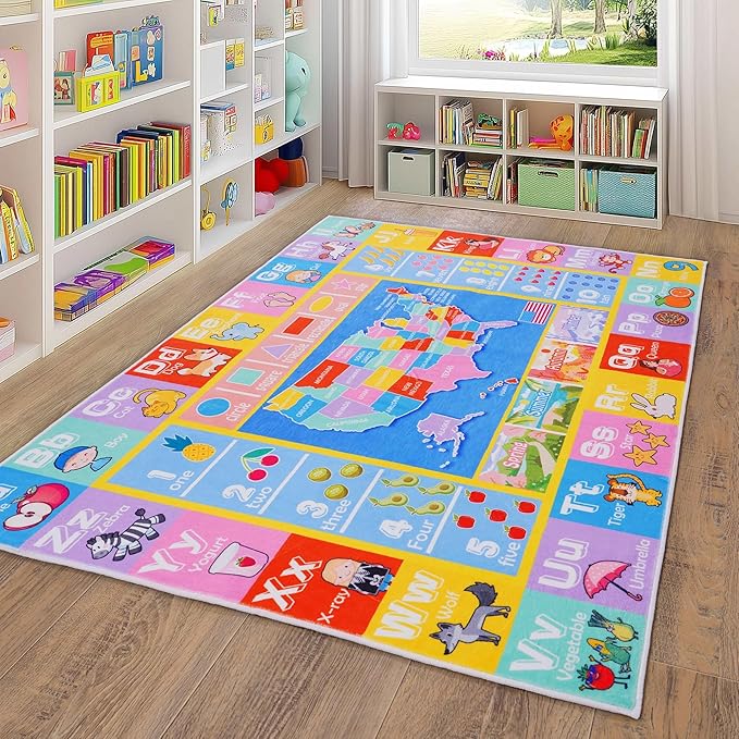Kids Rugs for Playroom - Soft & Non-Slip 9x12 Feet Educational Rug for Learning ABC Alphabet, Numbers, Shapes & Map, Washable Classroom Rug for Toddler Nursery & Kids Room Decor