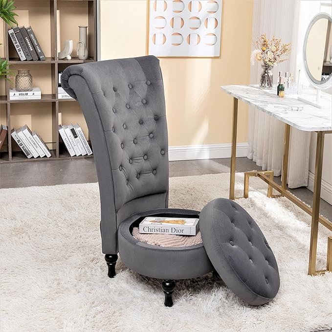 Royal High-Back Velvet Accent Chair for Vanity with Storage and Luxurious Upholstery, Retro Design and Versatile Usage for Livingroom, Bedroom, Lounge and Office, Grey
