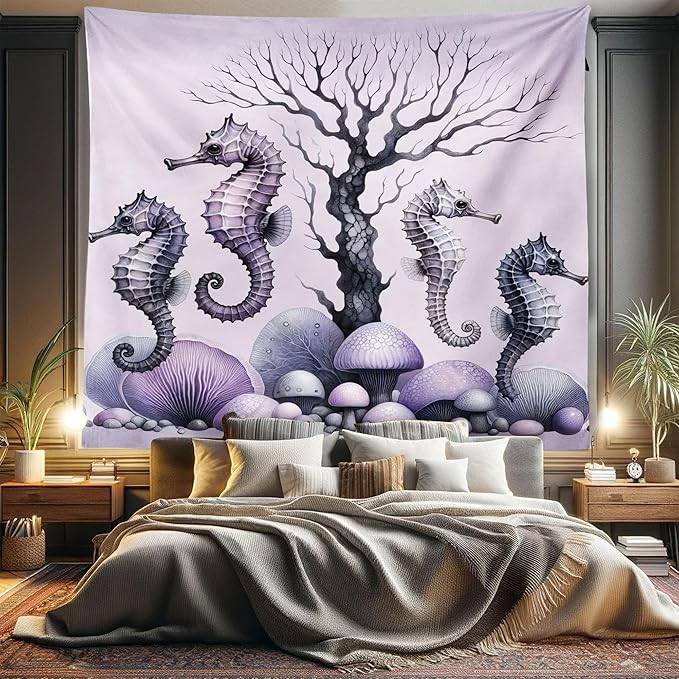 Ambesonne Purple Tapestry King Size, Dried Tree with Mushrooms in Lilac Color Palette and Huge Seahorse Prints, Wall Hanging Bedspread Bed Cover Wall Decor, 104" X 88", Mauve and Lavender