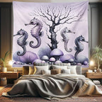 Ambesonne Purple Tapestry King Size, Dried Tree with Mushrooms in Lilac Color Palette and Huge Seahorse Prints, Wall Hanging Bedspread Bed Cover Wall Decor, 104" X 88", Mauve and Lavender