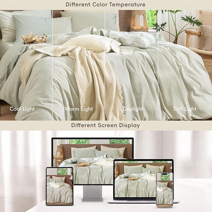 MooMee Striped Duvet Cover Set 100% Washed Cotton Linen Like Textured Breathable Durable Soft Comfy (Sage Green White Pinstripes, Cal King 104"x98")