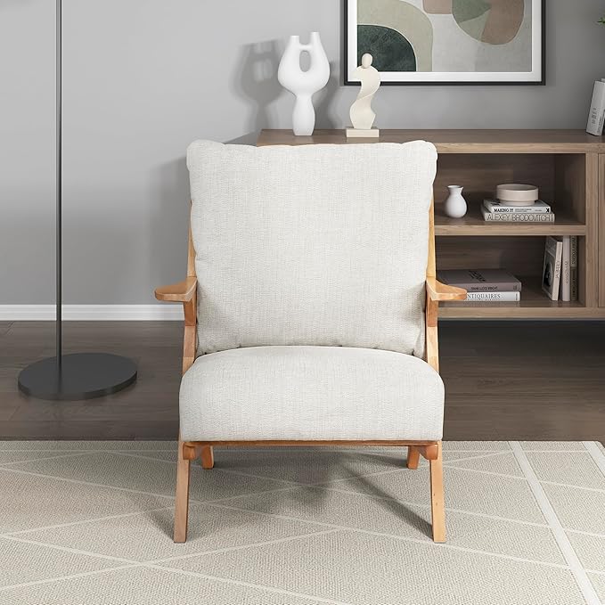 Lexicon Mid Century Modern Accent Chair, Natural Finish Solid Rubberwood Frame, Reversible Back Cushion, Woven Chenille Upholstered Reading Chair, for Living Room/Bedroom/Office, Beige