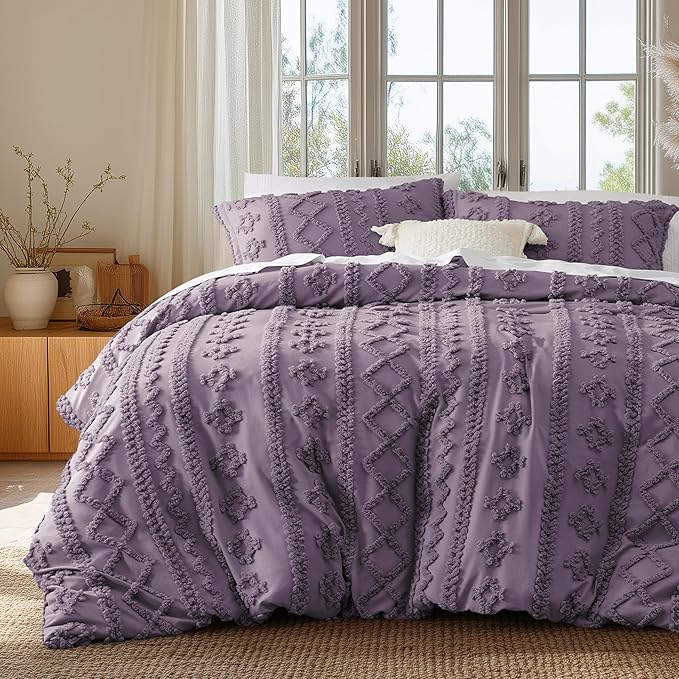 Bedsure Boho Duvet Cover Queen Size, Soft & Comfortable Elegant Design Boho Bedding for Decoration, Machine Washable Comforter Cover for All Seasons,Includes 1 Duvet Cover & 2 Pillow Shams,Purple