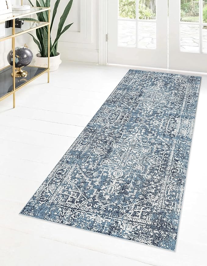 MICRODRY Runner Rug! Low-Profile Design for a Sleek, Bulk-Free Look. Machine Washable, Stain-Resistant, Skid-Resistant Backing, Ideal for Bedroom Hallway, Kitchen, or Entryway, 2x7', Lilah (Blue)
