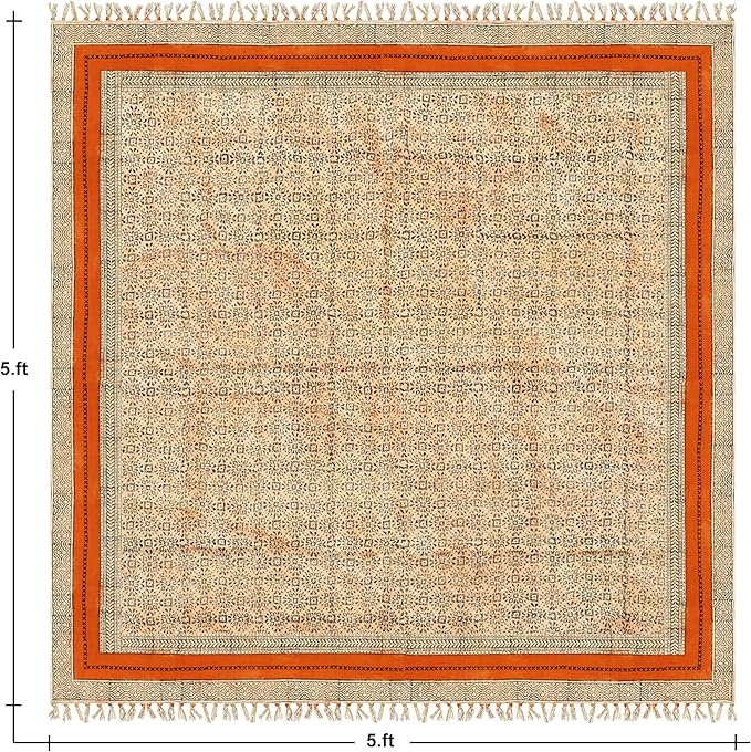 Area Rug 7' Square Rug Bronze & Black Cotton Dhurrie Oriental Thick 0.19 inches Stone Easy Washable Rug Hand Wash Cotton Carpet Flatweave Rug Indoor Outdoor Rugs for Hall Room, Dining Room