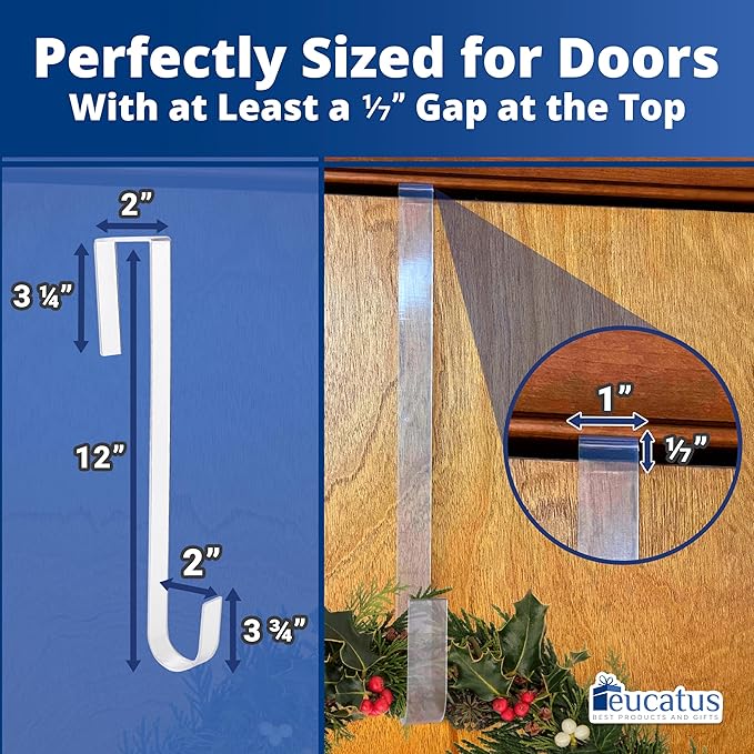 Non Scratch 100% Clear 12in Wreath Hanger 2Pk. Slim Christmas Wreaths Holders for Hanging Fall Halloween Decorations Over Front or Garage Door. Best Long Hooks for Indoor or Outdoor Home Decor
